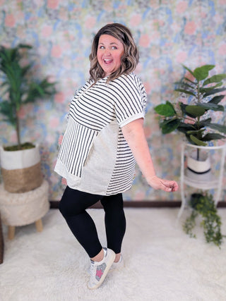 Jeni Short Sleeve Dolman Pullover w/Kanragoo Pocket in Black Stripe-1- ShortSlv/Slvless Tops-HEIMISH-Styled by Stacked - A Plus Size Women's Boutique in Lakeville, MN