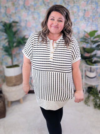 Jeni Short Sleeve Dolman Pullover w/Kanragoo Pocket in Black Stripe-1- ShortSlv/Slvless Tops-HEIMISH-Styled by Stacked - A Plus Size Women's Boutique in Lakeville, MN