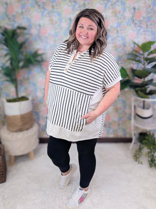Jeni Short Sleeve Dolman Pullover w/Kanragoo Pocket in Black Stripe-1- ShortSlv/Slvless Tops-HEIMISH-Styled by Stacked - A Plus Size Women's Boutique in Lakeville, MN