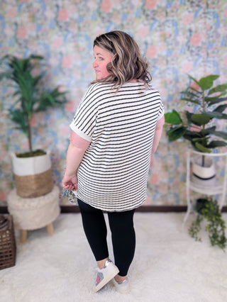 Jeni Short Sleeve Dolman Pullover w/Kanragoo Pocket in Black Stripe-1- ShortSlv/Slvless Tops-HEIMISH-Styled by Stacked - A Plus Size Women's Boutique in Lakeville, MN