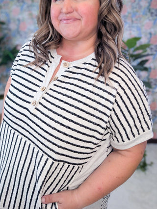 Jeni Short Sleeve Dolman Pullover w/Kanragoo Pocket in Black Stripe-1- ShortSlv/Slvless Tops-HEIMISH-Styled by Stacked - A Plus Size Women's Boutique in Lakeville, MN