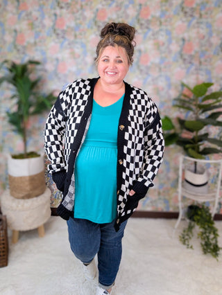 Leslie Black + White Checkerboard Cardigan Sweater-2- Long Sleeve Tops-with love molly-Styled by Stacked - A Plus Size Women's Boutique in Lakeville, MN