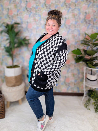 Leslie Black + White Checkerboard Cardigan Sweater-2- Long Sleeve Tops-with love molly-Styled by Stacked - A Plus Size Women's Boutique in Lakeville, MN