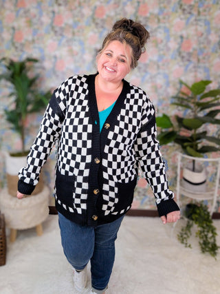 Leslie Black + White Checkerboard Cardigan Sweater-2- Long Sleeve Tops-with love molly-Styled by Stacked - A Plus Size Women's Boutique in Lakeville, MN