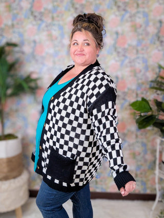 Leslie Black + White Checkerboard Cardigan Sweater-2- Long Sleeve Tops-with love molly-Styled by Stacked - A Plus Size Women's Boutique in Lakeville, MN