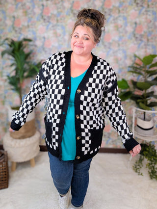 Leslie Black + White Checkerboard Cardigan Sweater-2- Long Sleeve Tops-with love molly-Styled by Stacked - A Plus Size Women's Boutique in Lakeville, MN