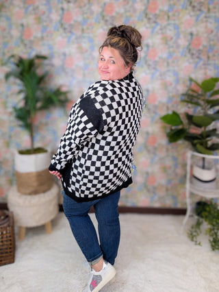 Leslie Black + White Checkerboard Cardigan Sweater-2- Long Sleeve Tops-with love molly-Styled by Stacked - A Plus Size Women's Boutique in Lakeville, MN