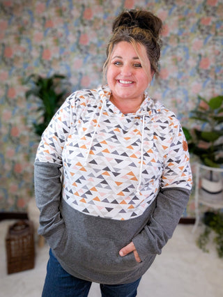 PHC Triple Stretch Pullover Hoodie in Charcoal w/Geometric Accent-3- Hooded Tops-MICHELLE MAE-Styled by Stacked - A Plus Size Women's Boutique in Lakeville, MN