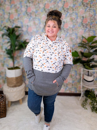 PHC Triple Stretch Pullover Hoodie in Charcoal w/Geometric Accent-3- Hooded Tops-MICHELLE MAE-Styled by Stacked - A Plus Size Women's Boutique in Lakeville, MN