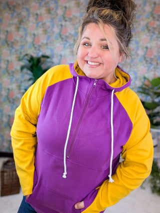 PHC Triple Stretch Halfzip Hoodie in Vikings Gameday-3- Hooded Tops-MICHELLE MAE-Styled by Stacked - A Plus Size Women's Boutique in Lakeville, MN