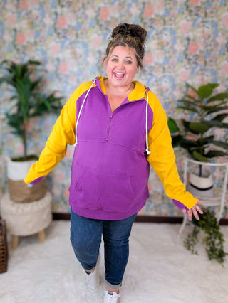 PHC Triple Stretch Halfzip Hoodie in Vikings Gameday-3- Hooded Tops-MICHELLE MAE-Styled by Stacked - A Plus Size Women's Boutique in Lakeville, MN