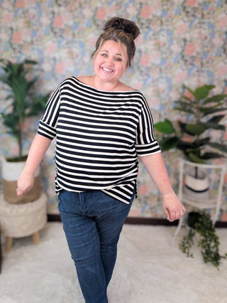 Julian Boatneck Dolman Tee in Black + Ivory Stripe-1- ShortSlv/Slvless Tops-HEIMISH-Styled by Stacked - A Plus Size Women's Boutique in Lakeville, MN