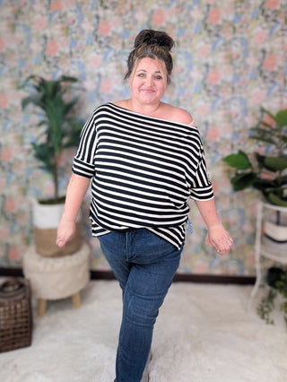 Julian Boatneck Dolman Tee in Black + Ivory Stripe-1- ShortSlv/Slvless Tops-HEIMISH-Styled by Stacked - A Plus Size Women's Boutique in Lakeville, MN