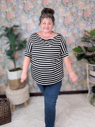 Julian Boatneck Dolman Tee in Black + Ivory Stripe-1- ShortSlv/Slvless Tops-HEIMISH-Styled by Stacked - A Plus Size Women's Boutique in Lakeville, MN