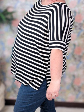 Julian Boatneck Dolman Tee in Black + Ivory Stripe-1- ShortSlv/Slvless Tops-HEIMISH-Styled by Stacked - A Plus Size Women's Boutique in Lakeville, MN
