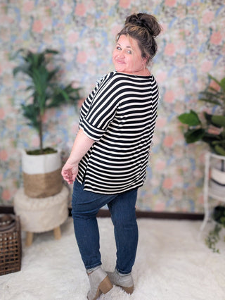 Julian Boatneck Dolman Tee in Black + Ivory Stripe-1- ShortSlv/Slvless Tops-HEIMISH-Styled by Stacked - A Plus Size Women's Boutique in Lakeville, MN