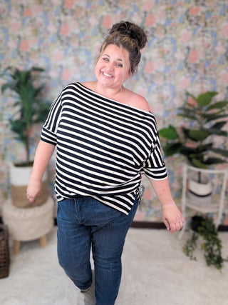 Julian Boatneck Dolman Tee in Black + Ivory Stripe-1- ShortSlv/Slvless Tops-HEIMISH-Styled by Stacked - A Plus Size Women's Boutique in Lakeville, MN