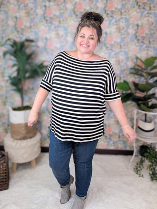 Julian Boatneck Dolman Tee in Black + Ivory Stripe-1- ShortSlv/Slvless Tops-HEIMISH-Styled by Stacked - A Plus Size Women's Boutique in Lakeville, MN