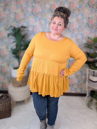 Tammi Ribbed Tiered Long Sleeve in Butterscotch-2- Long Sleeve Tops-HAPTICS-Styled by Stacked - A Plus Size Women's Boutique in Lakeville, MN