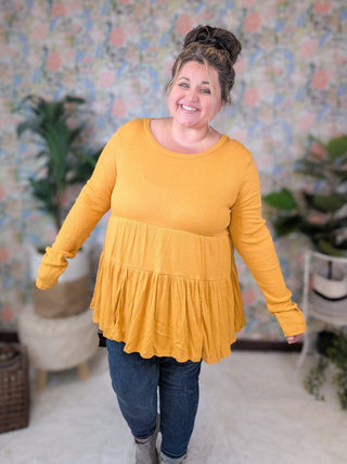Tammi Ribbed Tiered Long Sleeve in Butterscotch-2- Long Sleeve Tops-HAPTICS-Styled by Stacked - A Plus Size Women's Boutique in Lakeville, MN