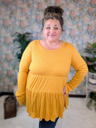 Tammi Ribbed Tiered Long Sleeve in Butterscotch-2- Long Sleeve Tops-HAPTICS-Styled by Stacked - A Plus Size Women's Boutique in Lakeville, MN