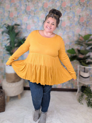 Tammi Ribbed Tiered Long Sleeve in Butterscotch-2- Long Sleeve Tops-HAPTICS-Styled by Stacked - A Plus Size Women's Boutique in Lakeville, MN