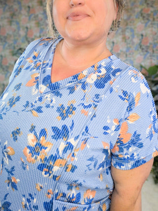 Yvonne Urban Ribbed Top in Fall Floral on Denim Blue-1- ShortSlv/Slvless Tops-HEIMISH-Styled by Stacked - A Plus Size Women's Boutique in Lakeville, MN