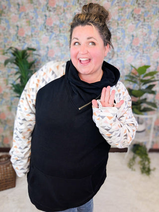 PHC Triple Stretch ZipCowl in Black w/Geometric Accent-3- Hooded Tops-MICHELLE MAE-Styled by Stacked - A Plus Size Women's Boutique in Lakeville, MN