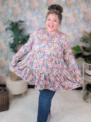 Wanda Long Sleeve Tiered Top in Floral on Faded Teal-2- Long Sleeve Tops-HEIMISH-Styled by Stacked - A Plus Size Women's Boutique in Lakeville, MN