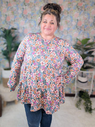 Wanda Long Sleeve Tiered Top in Floral on Faded Teal-2- Long Sleeve Tops-HEIMISH-Styled by Stacked - A Plus Size Women's Boutique in Lakeville, MN