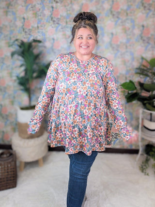 Wanda Long Sleeve Tiered Top in Floral on Faded Teal-2- Long Sleeve Tops-HEIMISH-Styled by Stacked - A Plus Size Women's Boutique in Lakeville, MN