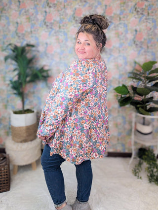 Wanda Long Sleeve Tiered Top in Floral on Faded Teal-2- Long Sleeve Tops-HEIMISH-Styled by Stacked - A Plus Size Women's Boutique in Lakeville, MN