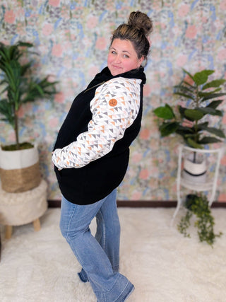 PHC Triple Stretch ZipCowl in Black w/Geometric Accent-3- Hooded Tops-MICHELLE MAE-Styled by Stacked - A Plus Size Women's Boutique in Lakeville, MN