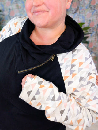 PHC Triple Stretch ZipCowl in Black w/Geometric Accent-3- Hooded Tops-MICHELLE MAE-Styled by Stacked - A Plus Size Women's Boutique in Lakeville, MN