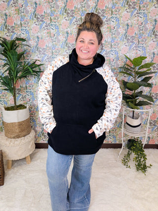 PHC Triple Stretch ZipCowl in Black w/Geometric Accent-3- Hooded Tops-MICHELLE MAE-Styled by Stacked - A Plus Size Women's Boutique in Lakeville, MN
