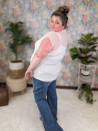 Arden Mockneck Swiss Dot Sheer Top w/Cami-1- ShortSlv/Slvless Tops-WHITE BIRCH-Styled by Stacked - A Plus Size Women's Boutique in Lakeville, MN