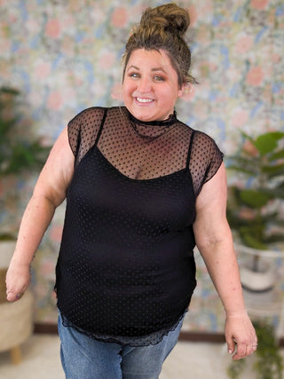 Arden Mockneck Swiss Dot Sheer Top w/Cami-1- ShortSlv/Slvless Tops-WHITE BIRCH-Styled by Stacked - A Plus Size Women's Boutique in Lakeville, MN