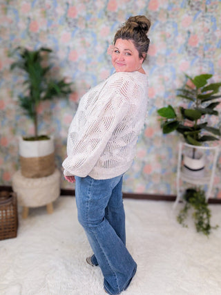 Esme Rainbow Speckle Boxy Sweater w/Open Knit-2- Long Sleeve Tops-WHITE BIRCH-Styled by Stacked - A Plus Size Women's Boutique in Lakeville, MN