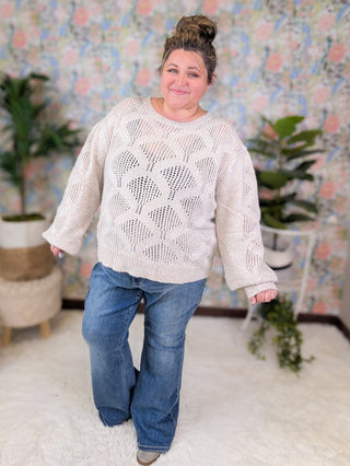 Esme Rainbow Speckle Boxy Sweater w/Open Knit-2- Long Sleeve Tops-WHITE BIRCH-Styled by Stacked - A Plus Size Women's Boutique in Lakeville, MN