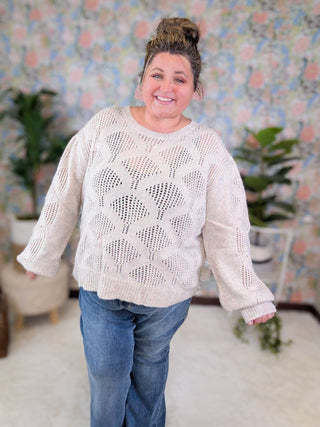 Esme Rainbow Speckle Boxy Sweater w/Open Knit-2- Long Sleeve Tops-WHITE BIRCH-Styled by Stacked - A Plus Size Women's Boutique in Lakeville, MN