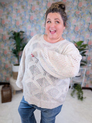 Esme Rainbow Speckle Boxy Sweater w/Open Knit-2- Long Sleeve Tops-WHITE BIRCH-Styled by Stacked - A Plus Size Women's Boutique in Lakeville, MN