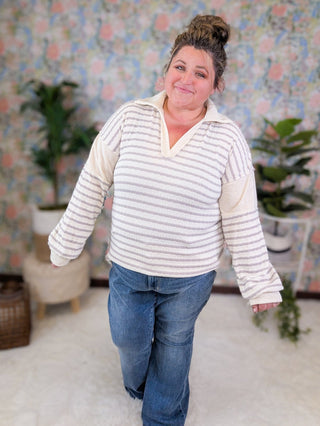 Leann Slitneck Collared Pullover in Stripes (2 Colors)-2- Long Sleeve Tops-HEIMISH-Styled by Stacked - A Plus Size Women's Boutique in Lakeville, MN