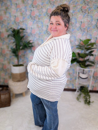 Leann Slitneck Collared Pullover in Stripes (2 Colors)-2- Long Sleeve Tops-HEIMISH-Styled by Stacked - A Plus Size Women's Boutique in Lakeville, MN