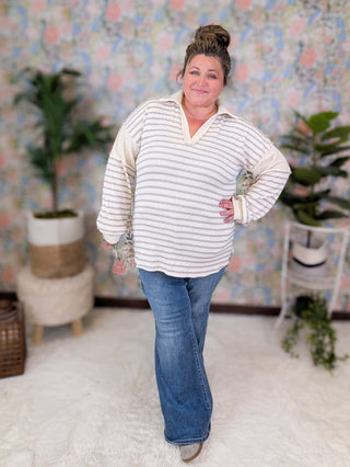 Leann Slitneck Collared Pullover in Stripes (2 Colors)-2- Long Sleeve Tops-HEIMISH-Styled by Stacked - A Plus Size Women's Boutique in Lakeville, MN