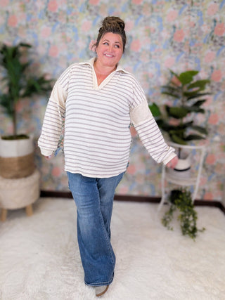 Leann Slitneck Collared Pullover in Stripes (2 Colors)-2- Long Sleeve Tops-HEIMISH-Styled by Stacked - A Plus Size Women's Boutique in Lakeville, MN