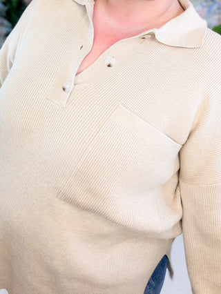 Naomi Ribbed Slouchy Sweater w/Collar in Oatmeal-2- Long Sleeve Tops-WHITE BIRCH-Styled by Stacked - A Plus Size Women's Boutique in Lakeville, MN