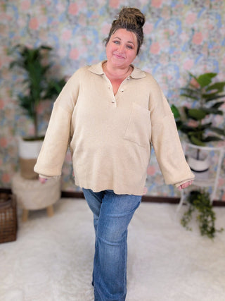 Naomi Ribbed Slouchy Sweater w/Collar in Oatmeal-2- Long Sleeve Tops-WHITE BIRCH-Styled by Stacked - A Plus Size Women's Boutique in Lakeville, MN