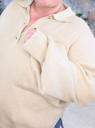 Naomi Ribbed Slouchy Sweater w/Collar in Oatmeal-2- Long Sleeve Tops-WHITE BIRCH-Styled by Stacked - A Plus Size Women's Boutique in Lakeville, MN