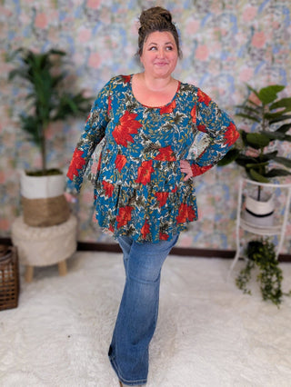 Jessie Double Tiered Scoopneck Floral Long Sleeve-2- Long Sleeve Tops-BE STAGE-Styled by Stacked - A Plus Size Women's Boutique in Lakeville, MN