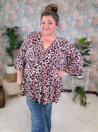 McKenna Kimono Cut 3/4 Sleeve Top in Gray + Red Leopard-1- ShortSlv/Slvless Tops-WHITE BIRCH-Styled by Stacked - A Plus Size Women's Boutique in Lakeville, MN